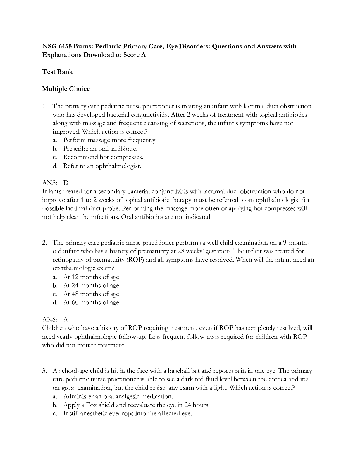 Preview image for NSG 6435 Burns Pediatric Primary Care, Eye Disorders Questions and Answers with Explanations Download to Score A